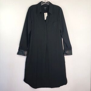 Alfani Shirt Dress Womens Size M Black Faux Leather Cuff‎ Long Sleeve Collared